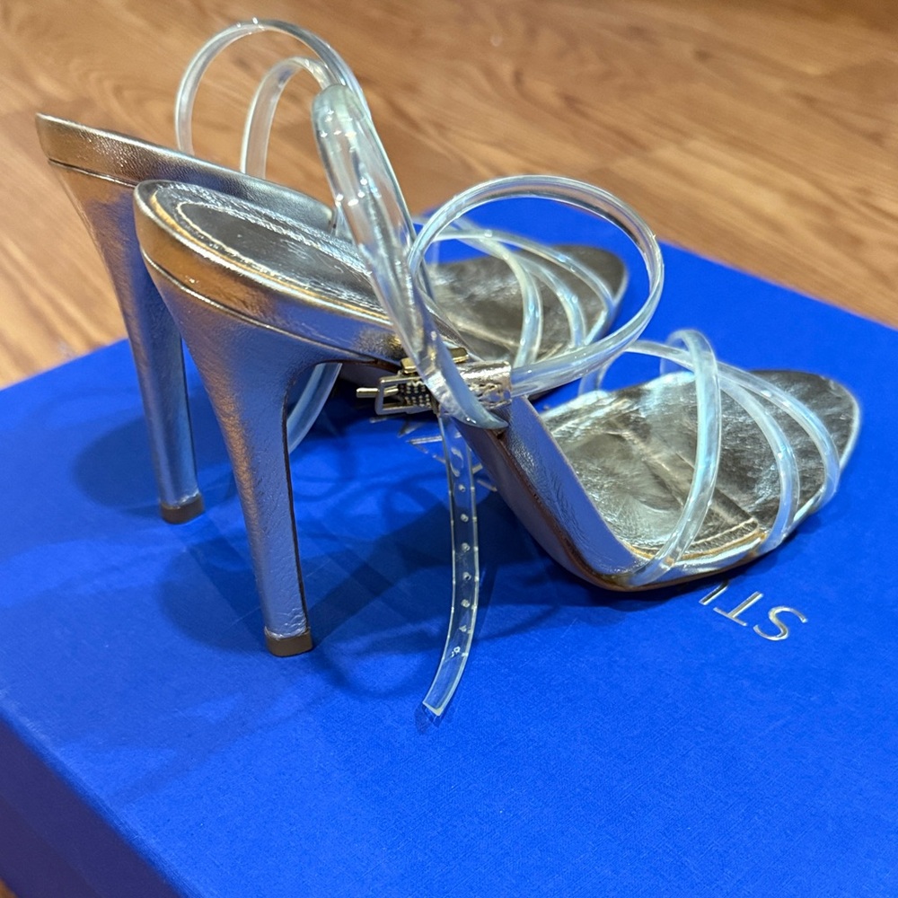 Stuart Weitzman Metallic Gold Heels with Clear Straps - Picture 2 of 3